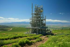 mooi visie hoog Spanning elektrisch of telecommunicatie antenne draadloze toren met groen veld- concept door ai gegenereerd foto