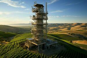 mooi visie hoog Spanning elektrisch of telecommunicatie antenne draadloze toren met groen veld- concept door ai gegenereerd foto