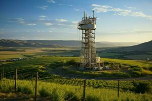 mooi visie hoog Spanning elektrisch of telecommunicatie antenne draadloze toren met groen veld- concept door ai gegenereerd foto