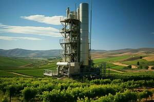 mooi visie hoog Spanning elektrisch of telecommunicatie antenne draadloze toren met groen veld- concept door ai gegenereerd foto