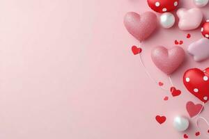mooi Valentijn dag achtergrond met geschenk doos, lint, rood harten, presenteert, rozen en kopiëren ruimte concept door ai gegenereerd foto