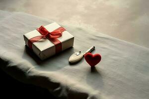 mooi Valentijn dag achtergrond met geschenk doos, lint, rood harten, presenteert, rozen en kopiëren ruimte concept door ai gegenereerd foto