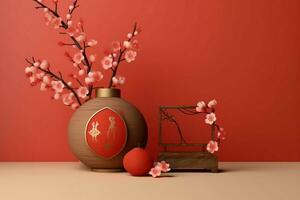 Chinese nieuw jaar achtergrond met traditioneel lantaarns, sakura bloemen en kopiëren ruimte. maan- nieuw jaar concept door ai gegenereerd foto