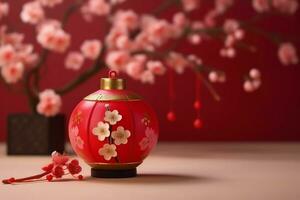 Chinese nieuw jaar achtergrond met traditioneel lantaarns, sakura bloemen en kopiëren ruimte. maan- nieuw jaar concept door ai gegenereerd foto