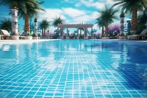 mooi buitenshuis zwemmen zwembad in luxe hotel toevlucht met blauw lucht voor vrije tijd kom tot rust en vakantie concept door ai gegenereerd foto
