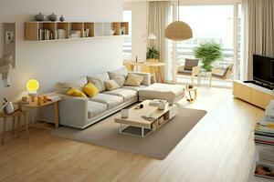 modern appartement interieur in leven ontwerp met werken tafel en boekenplank. luxe huis Scandinavisch concept door ai gegenereerd foto