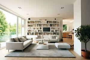 modern appartement interieur in leven ontwerp met werken tafel en boekenplank. luxe huis Scandinavisch concept door ai gegenereerd foto