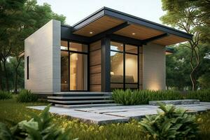 mooi modern huis buitenkant met carport. modern woon- wijk en minimalistische gebouw concept door ai gegenereerd foto