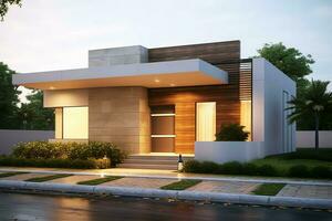 mooi modern huis buitenkant met carport. modern woon- wijk en minimalistische gebouw concept door ai gegenereerd foto