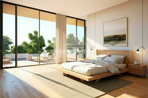 modern slaapkamer interieur ontwerp in appartement of huis met meubilair. luxe slaapkamer Scandinavisch concept door ai gegenereerd foto