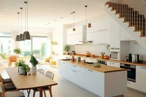 modern keuken interieur ontwerp in appartement of huis met meubilair. luxe keuken huis Scandinavisch concept door ai gegenereerd foto