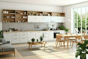 modern keuken interieur ontwerp in appartement of huis met meubilair. luxe keuken huis Scandinavisch concept door ai gegenereerd foto