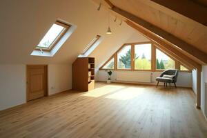 modern dakkapel zolder conversie interieur ontwerp in appartement of huis Bij uk. luxe driehoek zolder kamer concept door ai gegenereerd foto