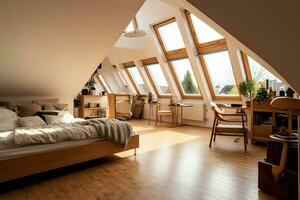 modern dakkapel zolder conversie interieur ontwerp in appartement of huis Bij uk. luxe driehoek zolder kamer concept door ai gegenereerd foto