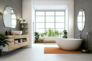 interieur ontwerp van een mooi hoor modern badkamer. 3d renderen modern toilet of badkamer in hotel of huis concept door ai gegenereerd foto