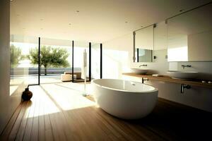 interieur ontwerp van een mooi hoor modern badkamer. 3d renderen modern toilet of badkamer in hotel of huis concept door ai gegenereerd foto