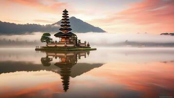 oude pura ulun danu bratan, besakih of beroemd Hindoe tempel en toerist in Bali eiland Bij zonsopkomst concept door ai gegenereerd foto