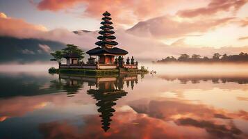 oude pura ulun danu bratan, besakih of beroemd Hindoe tempel en toerist in Bali eiland Bij zonsopkomst concept door ai gegenereerd foto