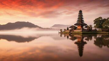 oude pura ulun danu bratan, besakih of beroemd Hindoe tempel en toerist in Bali eiland Bij zonsopkomst concept door ai gegenereerd foto