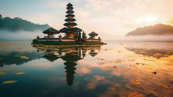 oude pura ulun danu bratan, besakih of beroemd Hindoe tempel en toerist in Bali eiland Bij zonsopkomst concept door ai gegenereerd foto