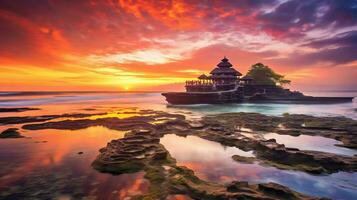 oude pura ulun danu bratan, besakih of beroemd Hindoe tempel en toerist in Bali eiland Bij zonsopkomst concept door ai gegenereerd foto