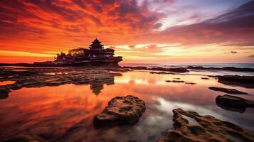 oude pura ulun danu bratan, besakih of beroemd Hindoe tempel en toerist in Bali eiland Bij zonsopkomst concept door ai gegenereerd foto