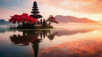 oude pura ulun danu bratan, besakih of beroemd Hindoe tempel en toerist in Bali eiland Bij zonsopkomst concept door ai gegenereerd foto