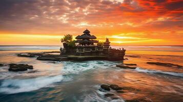 oude pura ulun danu bratan, besakih of beroemd Hindoe tempel en toerist in Bali eiland Bij zonsopkomst concept door ai gegenereerd foto