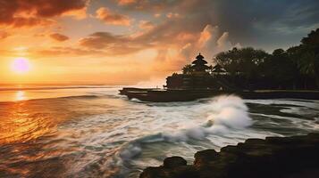 oude pura ulun danu bratan, besakih of beroemd Hindoe tempel en toerist in Bali eiland Bij zonsopkomst concept door ai gegenereerd foto