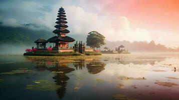 oude pura ulun danu bratan, besakih of beroemd Hindoe tempel en toerist in Bali eiland Bij zonsopkomst concept door ai gegenereerd foto