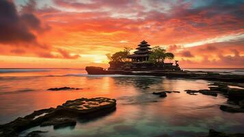 oude pura ulun danu bratan, besakih of beroemd Hindoe tempel en toerist in Bali eiland Bij zonsopkomst concept door ai gegenereerd foto