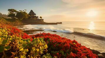 oude pura ulun danu bratan, besakih of beroemd Hindoe tempel en toerist in Bali eiland Bij zonsopkomst concept door ai gegenereerd foto