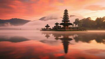 oude pura ulun danu bratan, besakih of beroemd Hindoe tempel en toerist in Bali eiland Bij zonsopkomst concept door ai gegenereerd foto