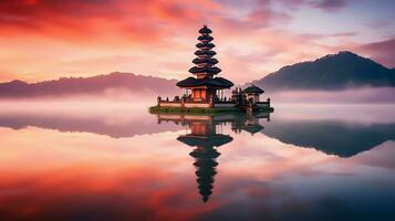 oude pura ulun danu bratan, besakih of beroemd Hindoe tempel en toerist in Bali eiland Bij zonsopkomst concept door ai gegenereerd foto