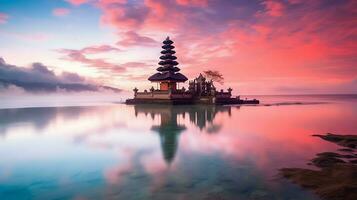 oude pura ulun danu bratan, besakih of beroemd Hindoe tempel en toerist in Bali eiland Bij zonsopkomst concept door ai gegenereerd foto