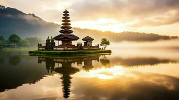 oude pura ulun danu bratan, besakih of beroemd Hindoe tempel en toerist in Bali eiland Bij zonsopkomst concept door ai gegenereerd foto