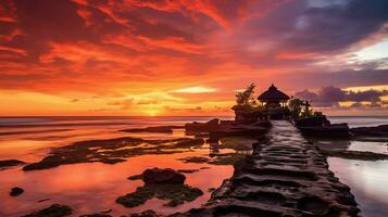 oude pura ulun danu bratan, besakih of beroemd Hindoe tempel en toerist in Bali eiland Bij zonsopkomst concept door ai gegenereerd foto