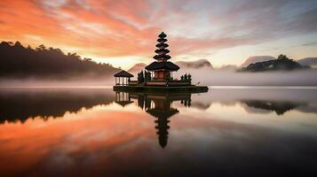 oude pura ulun danu bratan, besakih of beroemd Hindoe tempel en toerist in Bali eiland Bij zonsopkomst concept door ai gegenereerd foto