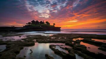 oude pura ulun danu bratan, besakih of beroemd Hindoe tempel en toerist in Bali eiland Bij zonsopkomst concept door ai gegenereerd foto