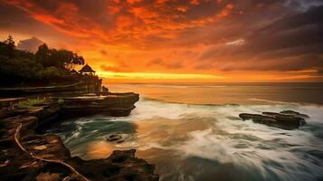 oude pura ulun danu bratan, besakih of beroemd Hindoe tempel en toerist in Bali eiland Bij zonsopkomst concept door ai gegenereerd foto