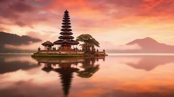 oude pura ulun danu bratan, besakih of beroemd Hindoe tempel en toerist in Bali eiland Bij zonsopkomst concept door ai gegenereerd foto