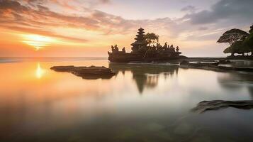 oude pura ulun danu bratan, besakih of beroemd Hindoe tempel en toerist in Bali eiland Bij zonsopkomst concept door ai gegenereerd foto