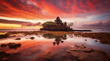 oude pura ulun danu bratan, besakih of beroemd Hindoe tempel en toerist in Bali eiland Bij zonsopkomst concept door ai gegenereerd foto