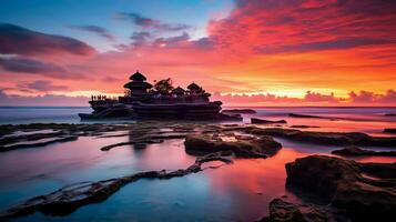 oude pura ulun danu bratan, besakih of beroemd Hindoe tempel en toerist in Bali eiland Bij zonsopkomst concept door ai gegenereerd foto