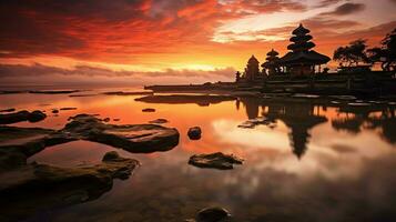 oude pura ulun danu bratan, besakih of beroemd Hindoe tempel en toerist in Bali eiland Bij zonsopkomst concept door ai gegenereerd foto