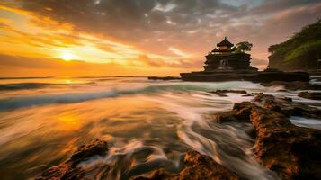 oude pura ulun danu bratan, besakih of beroemd Hindoe tempel en toerist in Bali eiland Bij zonsopkomst concept door ai gegenereerd foto