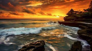 oude pura ulun danu bratan, besakih of beroemd Hindoe tempel en toerist in Bali eiland Bij zonsopkomst concept door ai gegenereerd foto