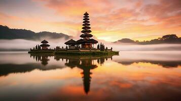 oude pura ulun danu bratan, besakih of beroemd Hindoe tempel en toerist in Bali eiland Bij zonsopkomst concept door ai gegenereerd foto