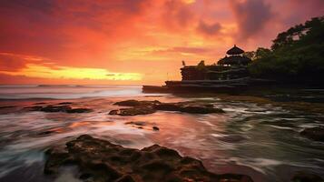 oude pura ulun danu bratan, besakih of beroemd Hindoe tempel en toerist in Bali eiland Bij zonsopkomst concept door ai gegenereerd foto