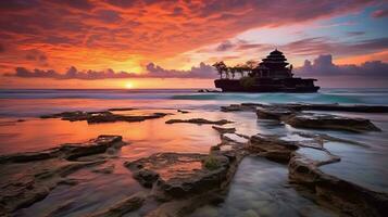 oude pura ulun danu bratan, besakih of beroemd Hindoe tempel en toerist in Bali eiland Bij zonsopkomst concept door ai gegenereerd foto